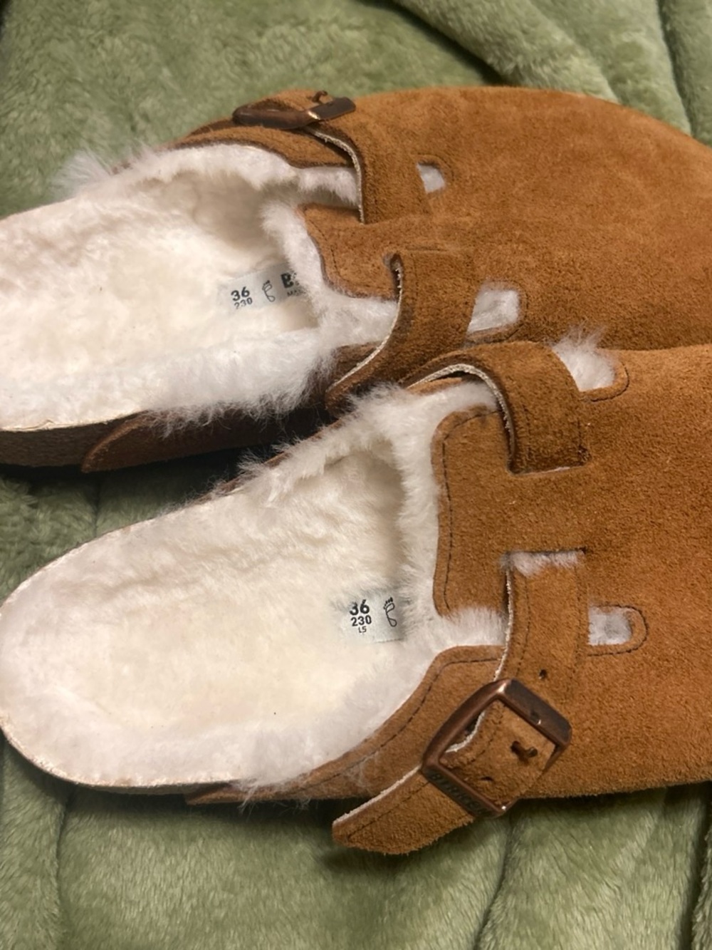 Birkenstock Women’s Suede Shearling Clog Slippers in Brown and White